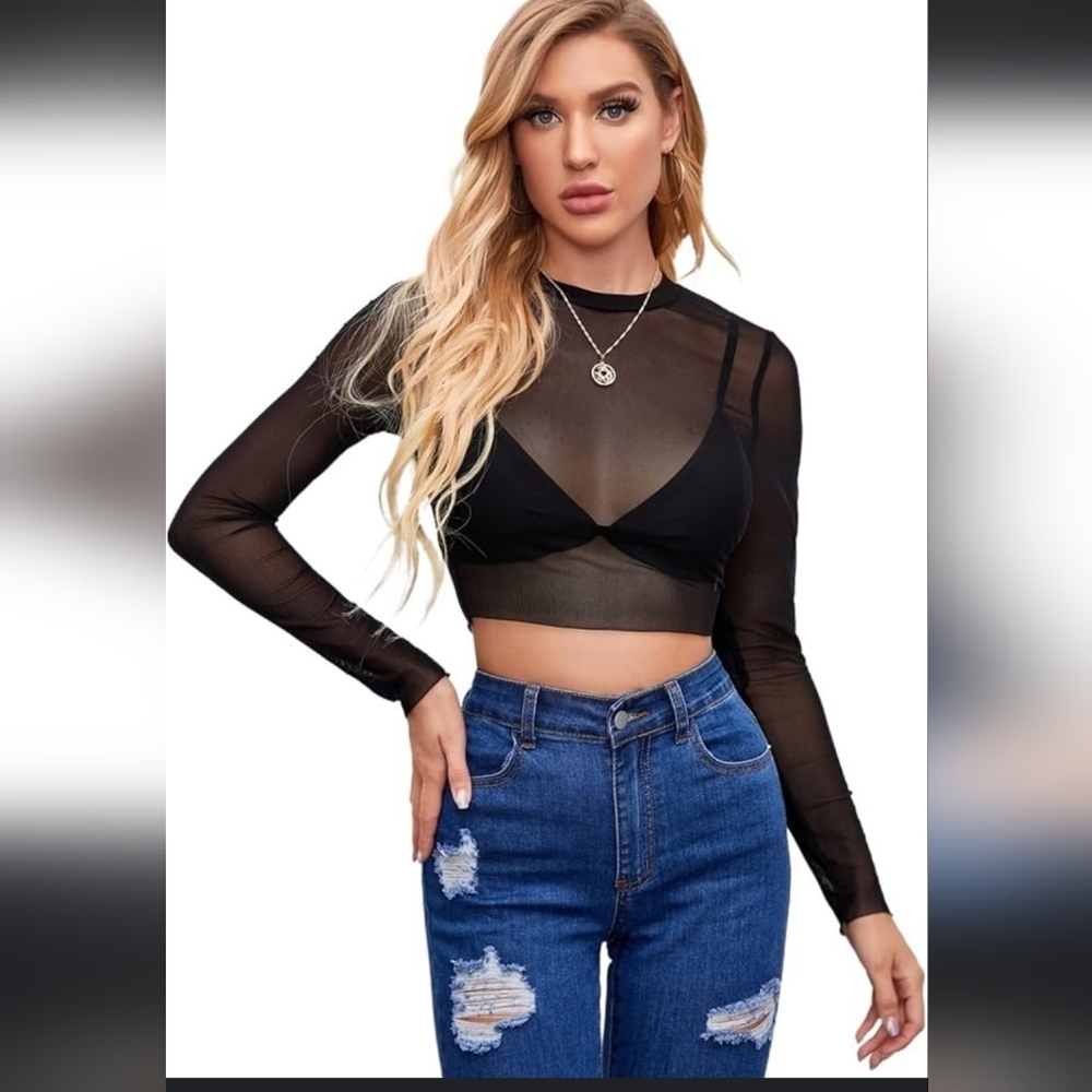 Women's Sheer Mesh Long Sleeve Crop Top